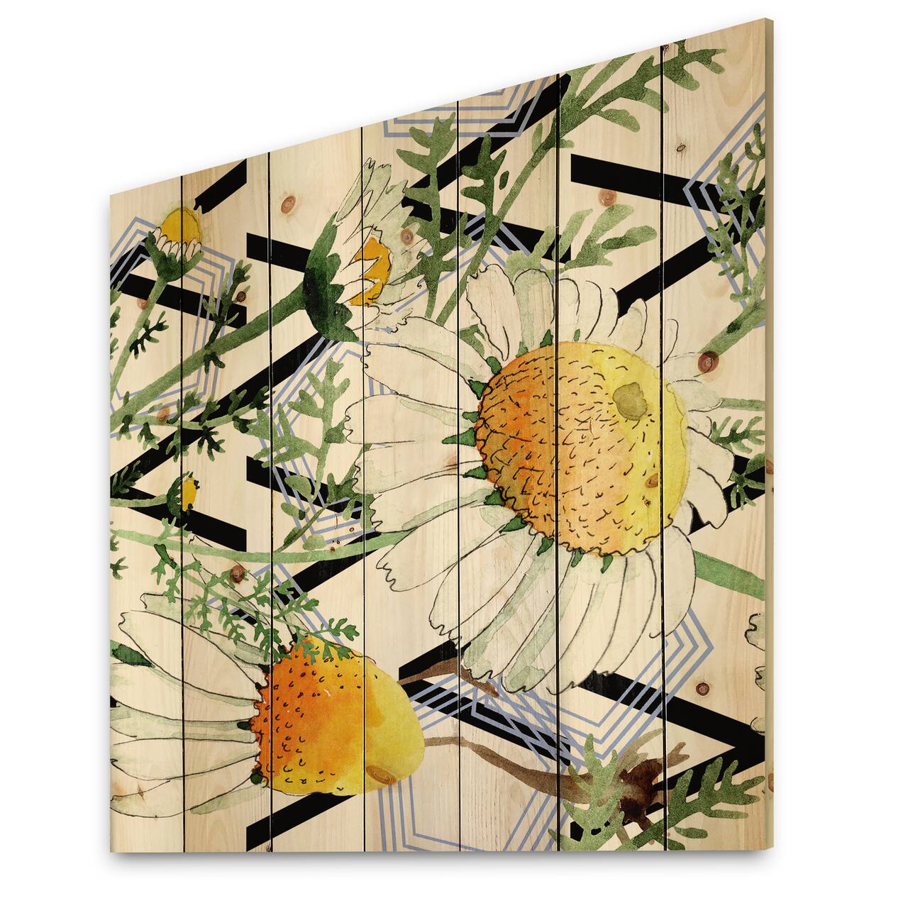 Designart - Wild Spring Chamomile Flowers On Geometric - Traditional Print on Natural Pine Wood
